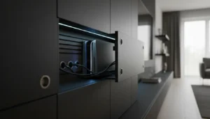 Smart cable management system and ventilation details for modern gaming media walls