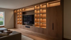 Sustainable media wall design using eco-friendly walnut wood and low-VOC finishes