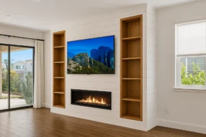 Modern media wall UK design featuring a wide electric fireplace, wooden slat panels, and ambient LED backlighting in a contemporary living room.