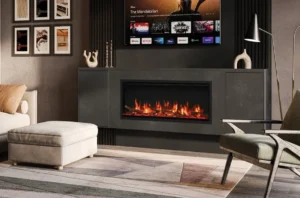 Built-in electric fireplace wall featuring realistic log effect and high-end finish.