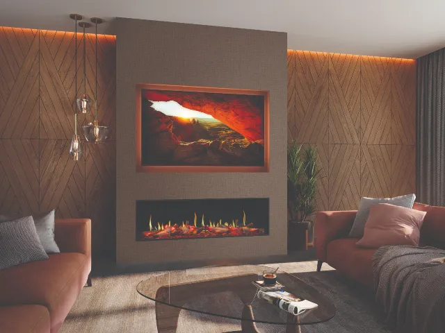 A luxury floating shelves media wall with a large TV and integrated electric fireplace in a modern UK living room.