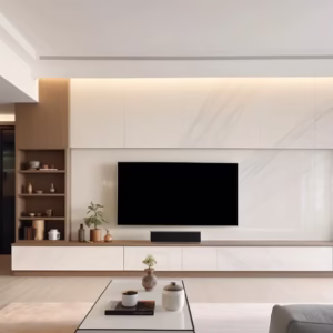 Comparison between a basic TV stand and a luxury bespoke built-in media wall for modern living rooms.