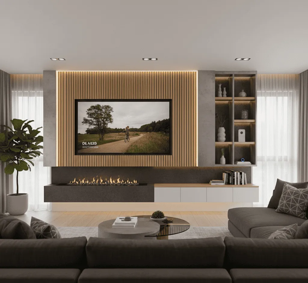 Modern living room with a bespoke media wall enhancing interior design with integrated TV and ambient lighting