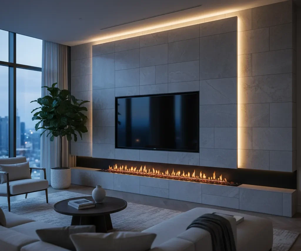 A wide cinematic shot of a luxury living room featuring a bespoke media wall with an integrated large screen and modern electric fireplace.