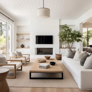 Compact and efficient media wall design used to maximize floor space in a small modern living room.