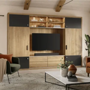 Custom media wall UK with built-in TV, hidden cables, and minimalist modern design