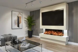 Bespoke media wall with electric fireplace and TV in a British home
