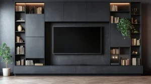 Practical media wall with integrated storage solutions for modern homes