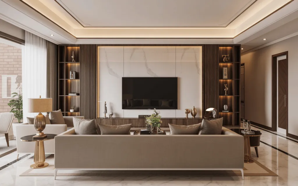 Modern media wall design in a contemporary living room with integrated TV, hidden storage, and ambient lighting for a clean, elegant look