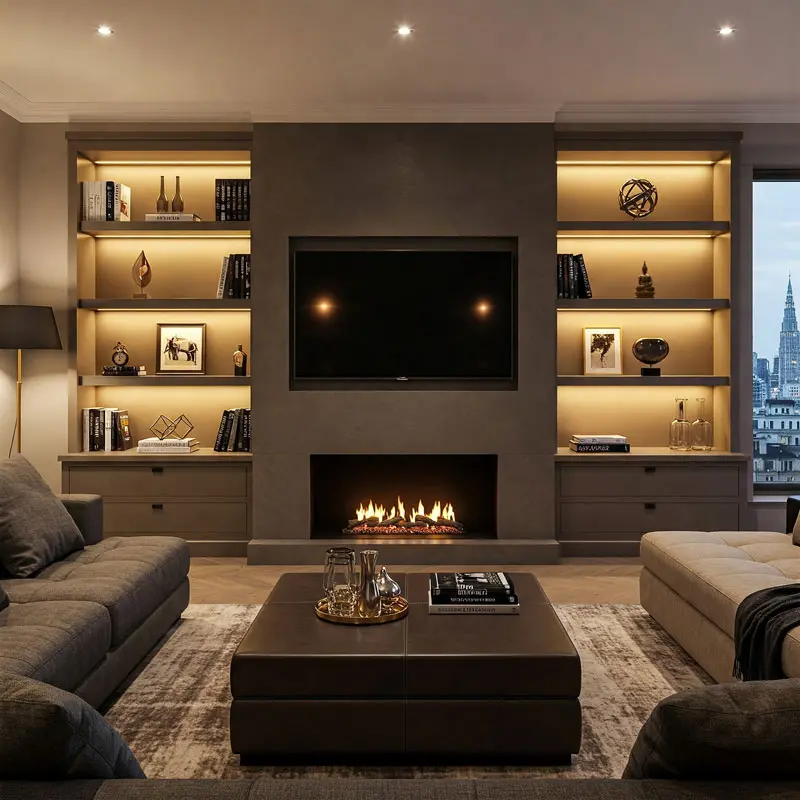 Modern media wall UK featuring floating shelves and soft LED lighting