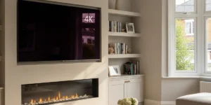 Minimalist white media wall UK with integrated 65 inch TV, floating shelving, and warm LED strip lighting for a clutter-free living space.