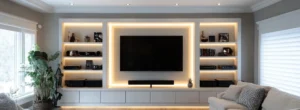 Media wall lighting and material details with integrated LED lights and modern finishes