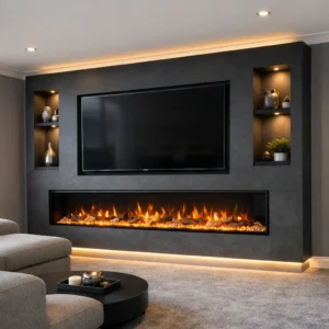 Modern media wall ideas with electric fireplace and LED lighting in a UK living room.