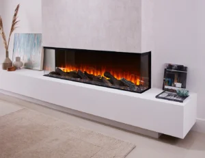A three-sided panoramic electric fireplace with a front-venting heater designed for safe installation under a wall-mounted television