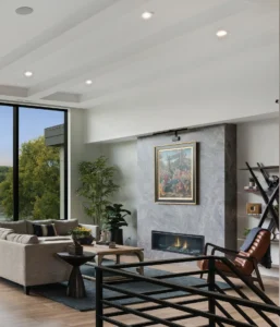 A side-by-side comparison of a messy traditional TV stand versus a clean, built-in fireplace media wall with hidden cables.