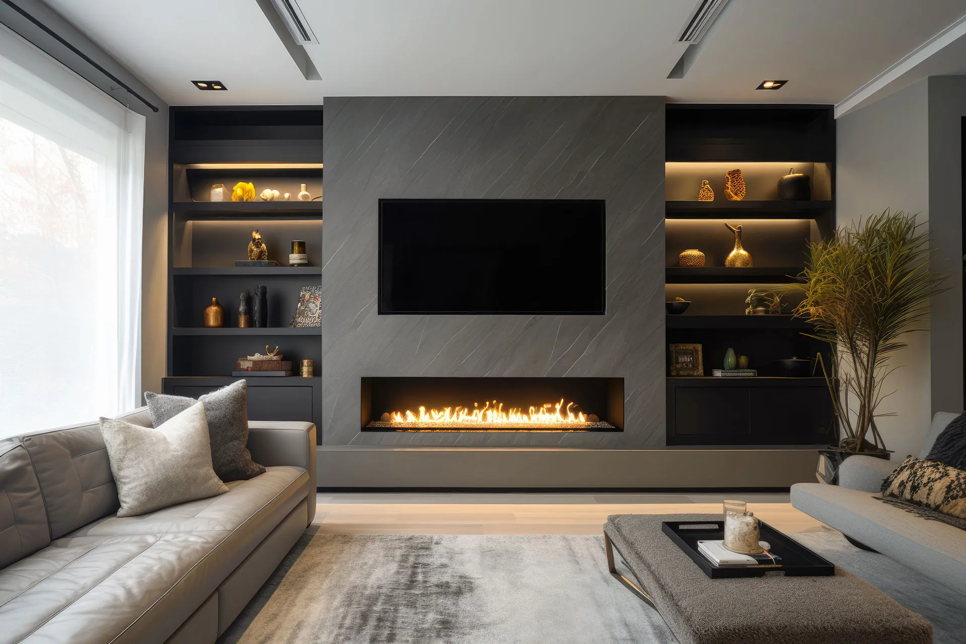 Luxury bespoke media wall for corporate reception featuring large dual screens