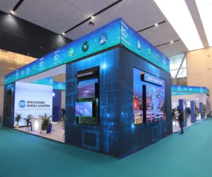 Innovative kinetic media wall with moving panels for high-impact corporate event branding.