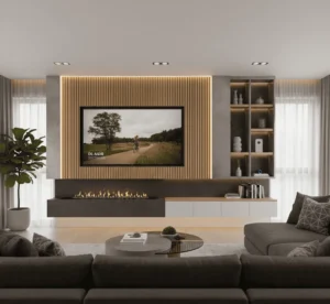 A luxurious Professional Media Wall featuring a recessed 4K TV, a modern electric fireplace, and warm ambient LED lighting in a minimalist living room.