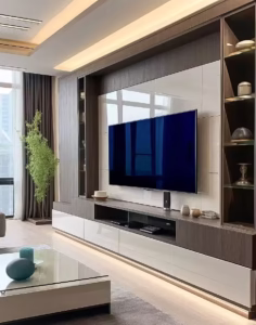 Concealed storage cabinet within a media wall base used to hide gaming consoles, routers, and wires for a clutter-free environment