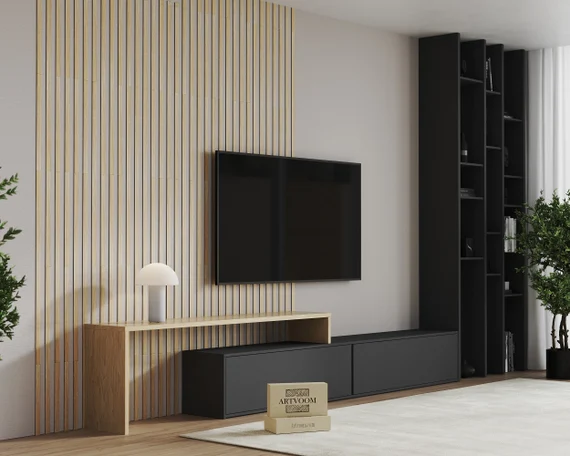Modern living room featuring a vertical panel media wall with light oak slats and integrated lighting