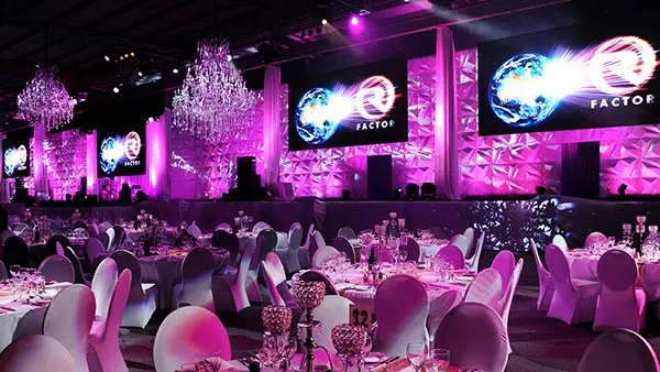 Modern 3D textured media wall design for a luxury corporate gala event