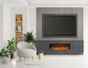 Close-up of a modern media wall featuring decorative wood slats, floating shelves, and smart LED lighting accents.