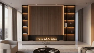 Modern media wall ideas 2026 showcasing a three-sided electric fireplace, slat wood panels, and ambient LED lighting in a luxury living room.