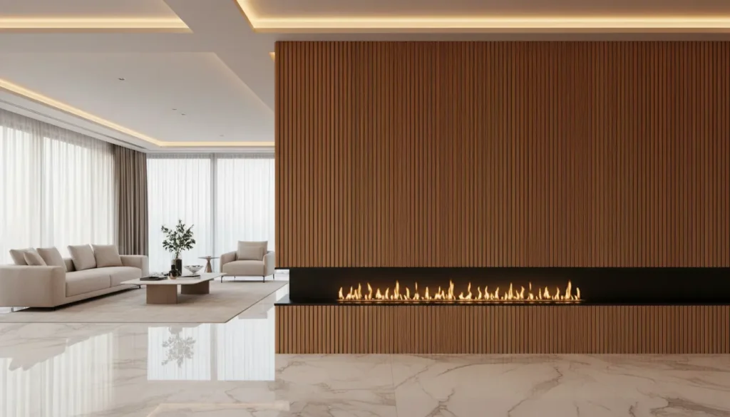 Modern media wall ideas 2026 showcasing a three-sided electric fireplace, slat wood panels, and ambient LED lighting in a luxury living room.