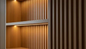 LED strip media wall details with acoustic wood paneling and warm integrated shelf lighting.