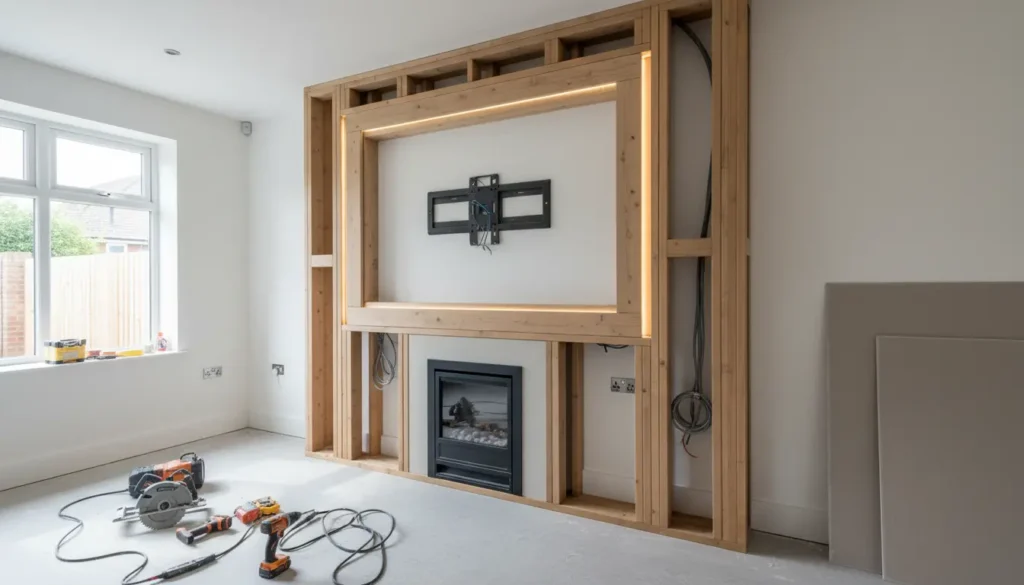 Media wall installation process showing timber framing and electrical wiring.