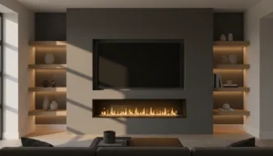 Contemporary bespoke media wall UK with integrated electric fire and ambient lighting.