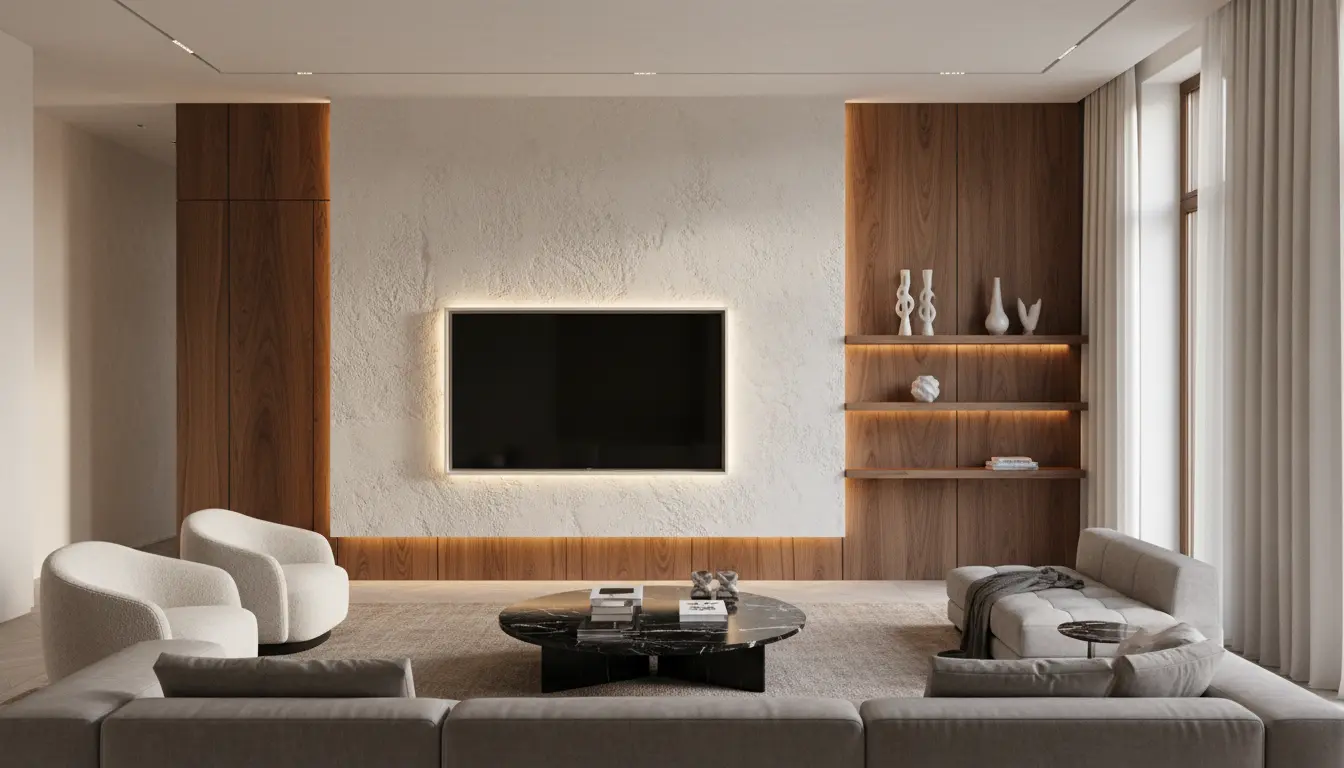 Luxury media wall lighting ideas featuring layered LED illumination to create depth and ambience in a modern living room.