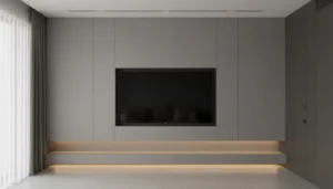 Minimalist media wall for 75 inch TV with floor-level LED lighting.