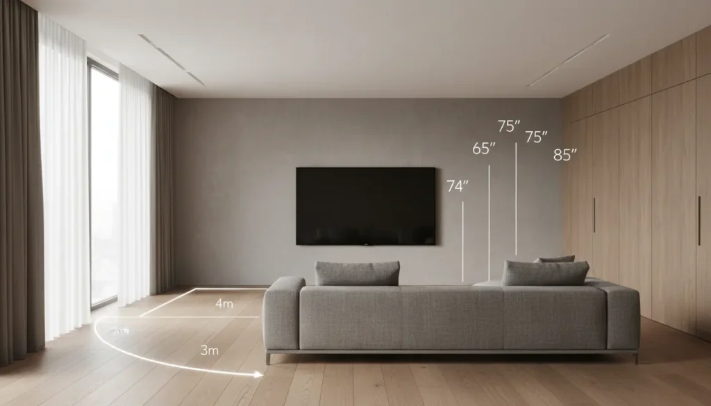 TV size guide showing recommended screen sizes based on viewing distance in a modern living room.