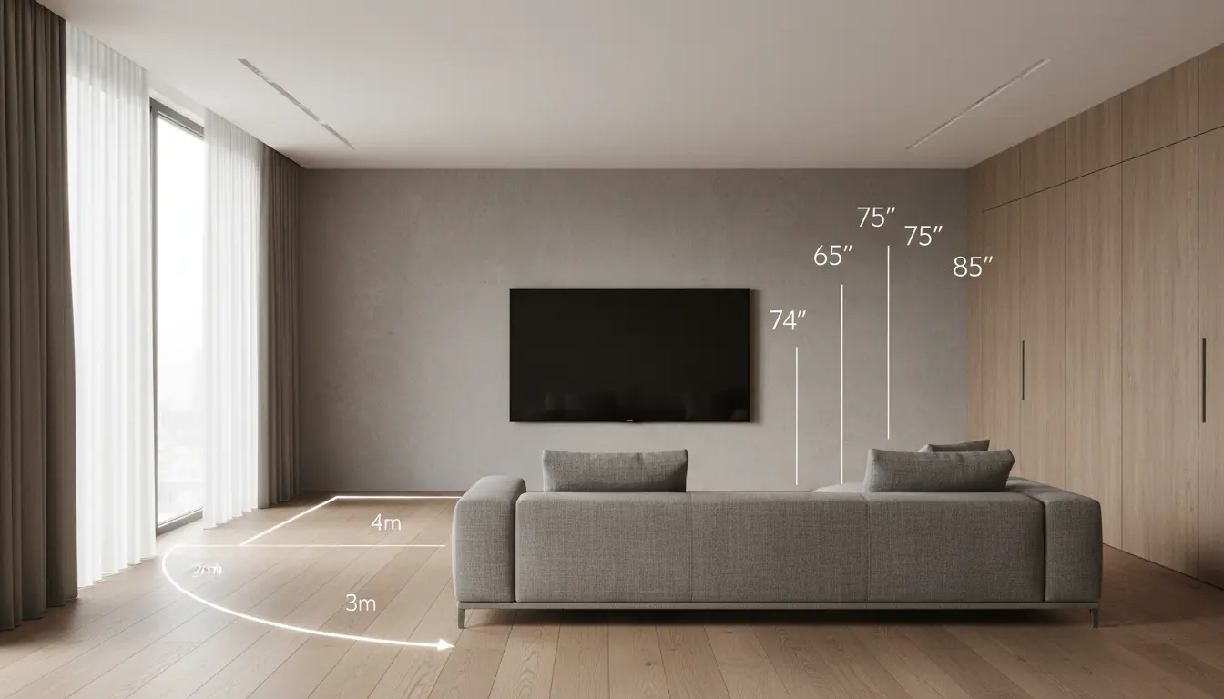 TV size guide showing recommended screen sizes based on viewing distance in a modern living room.