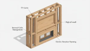 Construction phase of a stud wall media wall showing TV and fireplace recesses.
