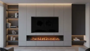 Luxury media wall with 75 inch TV and integrated electric fireplace in a UK home.