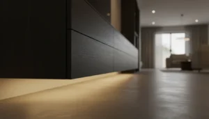 Under-cabinet LED lighting on a floating media unit.