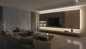 Ambient lighting setup for a floating media wall.