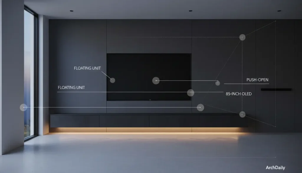 Floating cabinet media wall with a wall-mounted TV, matte black floating storage unit, and warm LED under-cabinet lighting in a modern minimalist living room.