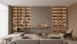 Finished lounge interior with bespoke shelving and desk integration.