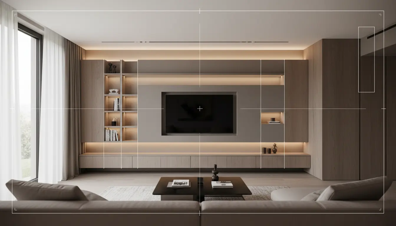 Modern living room interior featuring a custom media wall and neutral tones.