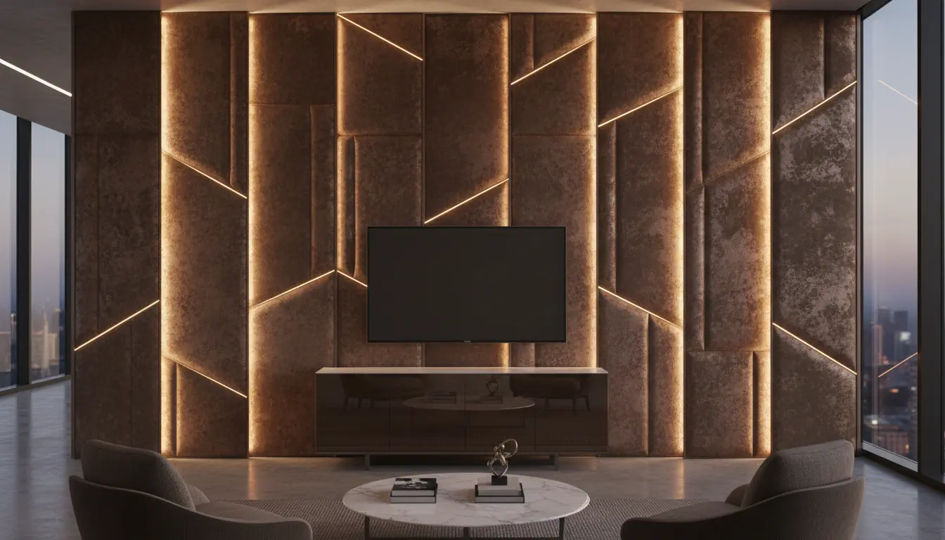 Close-up of luxury bronze velvet wall panels with integrated lighting.