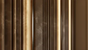 Close-up of luxury bronze velvet media wall panels with pleated design and integrated ambient LED lighting.