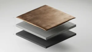 Technical diagram showing the layered construction of a bronze velvet wall panel, including substrate base, acoustic foam, and fabric wrap used in luxury media wall installations.