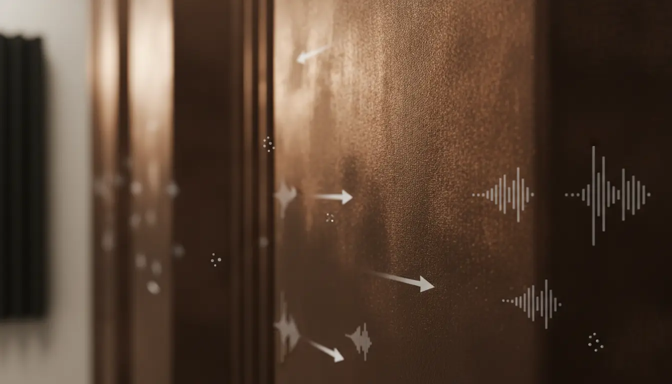 Luxury bronze valvet acoustic wall background showing well-maintained fabric texture with visual cues indicating proper cleaning direction and sound absorption.