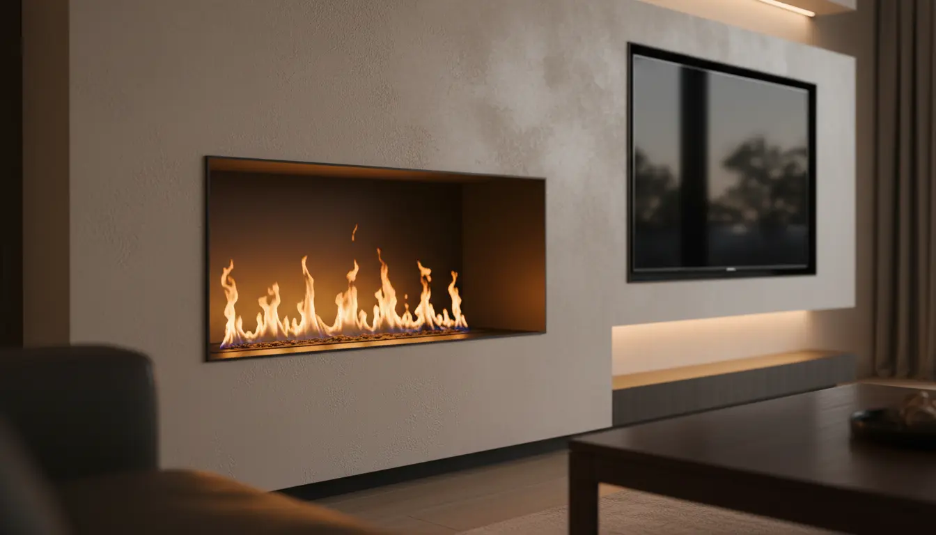 Close-up of a wall recessed inset fire creating a warm and cosy atmosphere with realistic flames.
