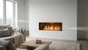 Modern living room with a wall recessed inset fire styled with hygge decor elements and soft ambient lighting.