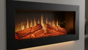 Close-up of a wall recessed inset fire with realistic flame effects and glowing logs.