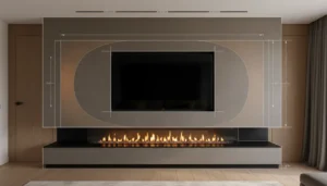 Luxury media wall installation featuring a wall recessed inset fire beneath a large mounted television.